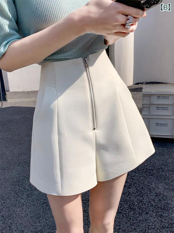 ショートパンツ レディース ハイウエスト ワイドパンツ 無地 Aライン ジッパー付き...