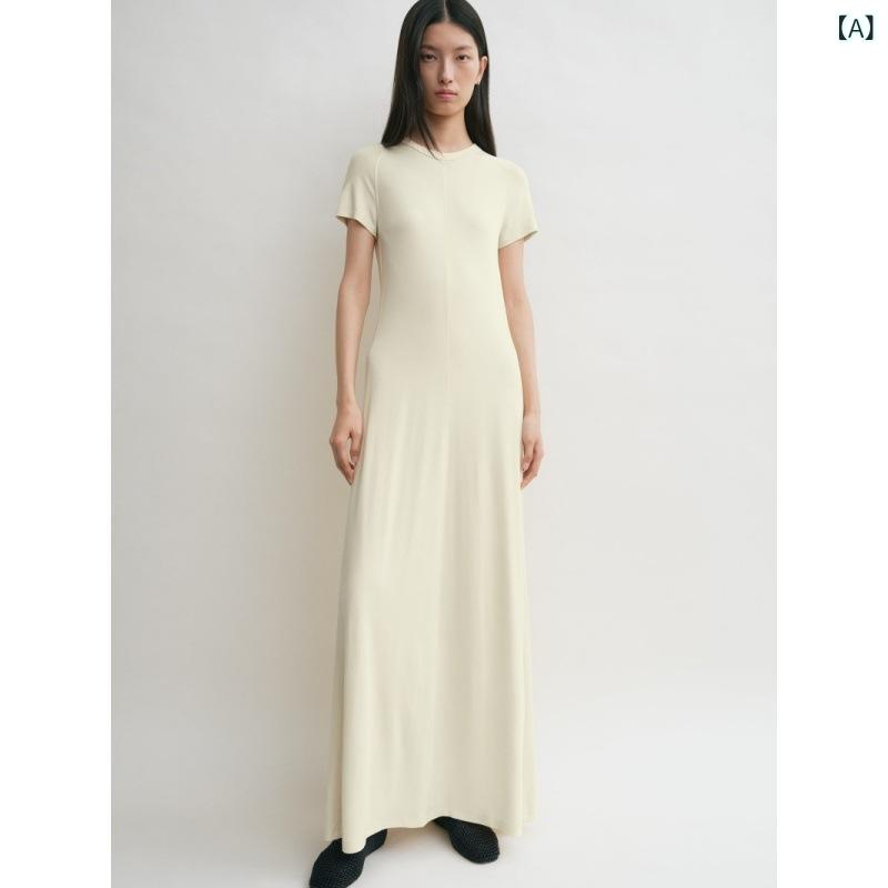 ワンピース レディース 半袖 ロング丈 Aライン マキシ丈 丸首 クルーネック 通勤 オフィス 体型カバー ウエスト絞り 着痩せ 無地 シンプル 落ち感 軽い お出かけ 旅行 デイリー 普段着 収納しやすい