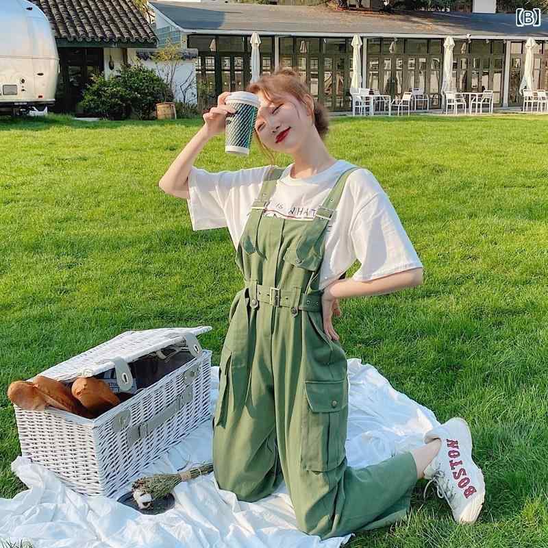 mandarinoのサロペット レディース オーバーオール ズボン ワイドパンツ サロペットパンツ デニム風 コットン混 つなぎ ゆったり 体型カバー ロング丈 カジュアル ポケット付き 着脱簡単 通学 お出かけ｜アングル2