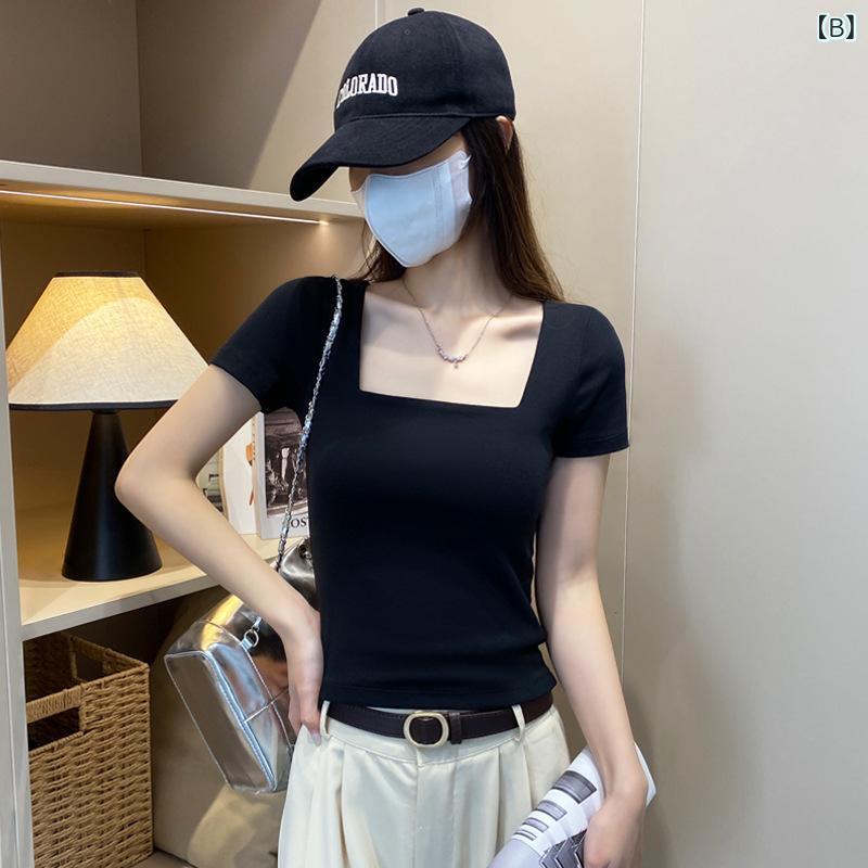 Tシャツ レディース カットソー 半袖 コットン素材 スクエアネック タイト スリム...