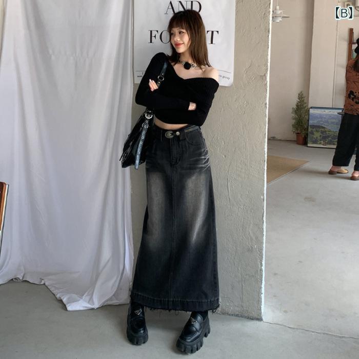 mandarinoのデニムスカート レディース ハイウエスト ロング丈 スリット入り タイトスカート 膝下丈 ミモレ丈 コットン素材 カジュアル 着回し シンプル ロングスカート 体型カバー 動きやすい 通勤 通学 デイリー｜アングル2