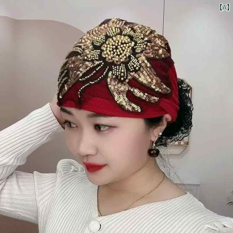 ターバン帽子 レディース ケア帽子 レース花モチーフスパンコール白髪隠し ミセスエレガント華やかヘッドドレス 室内帽子外出用婦人帽子 シンプルベーシック定番スタンダードナチュラルカジュアル formira88-10792223 mandarino パッケージ画像