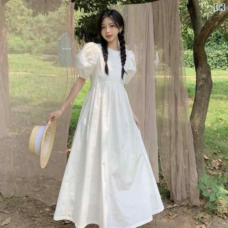 mandarinoのロングワンピース レディース ワンピース ラウンドネック バルーンスリーブ パフスリーブ ロング丈 マキシ丈 フレアシルエット フェミニン ガーリー スウィート カジュアル ナチュラル 大人かわいい ゆったり 体型カバー シンプル ベーシック 定番 スタン｜アングル3