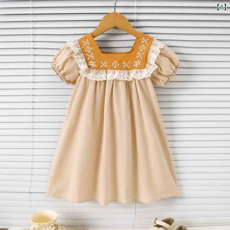 ワンピース キッズベビー女の子 子供服ガールズ スクエアネック パフスリーブ レース刺繍 フレアシルエット シンプルカジュアルベーシック定番ナチュラルスタンダード