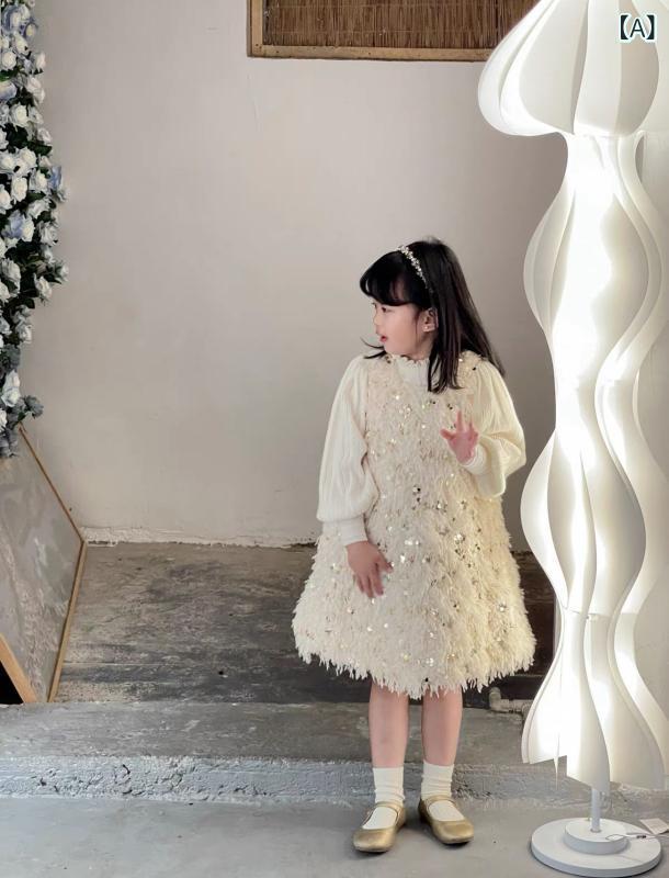 子供服セットアップ 女の子キッズハイネックニットセーター 中綿ジャンパースカート二点セット長袖バルーン袖フリル スパンコールフェザー華やか発表会 結婚式パーティーお呼ばれ カジュアルナチュラルシンプル ベーシック定番スタンダード