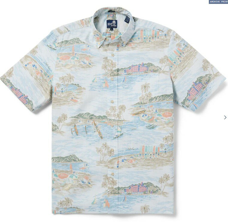本物正規◆REYN SPOONER レインスプーナー◆アロハシャツ/半袖シャツ WAIKIKI NOSTALGIA■青■リバースプリント■新品■スプナークロス ハワイ企画 ボタンダウン WHITE