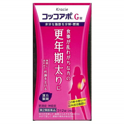 使用上の注意 ●してはいけないこと(守らないと現在の症状が悪化したり、副作用が起こりやすくなります)1.本剤を服用している間は、次の医薬品を服用しないでください他の瀉下薬(下剤)2.授乳中の人は本剤を服用しないか、本剤を服用する場合は授乳を避けてください●相談すること1.次の人は服用前に医師、薬剤師又は登録販売者に相談してください(1)医師の治療を受けている人(2)妊婦又は妊娠していると思われる人(3)体の虚弱な人(体力の衰えている人、体の弱い人)(4)胃腸が弱く下痢しやすい人(5)今までに薬などにより発疹・発赤、かゆみ等を起こしたことがある人2.服用後、次の症状があらわれた場合は副作用の可能性があるので、直ちに服用を中止し、この文書を持って医師、薬剤師又は登録販売者に相談してください 関係部位症状 皮膚発疹・発赤、かゆみ 消化器はげしい腹痛を伴う下痢、腹痛まれに下記の重篤な症状が起こることがある。その場合は直ちに医師の診療を受けてください。 症状の名称症状 間質性肺炎階段を上ったり、少し無理をしたりすると息切れがする・息苦しくなる、空せき、発熱等がみられ、これらが急にあらわれたり、持続したりする。 肝機能障害発熱、かゆみ、発疹、黄疸(皮膚や白目が黄色くなる)、褐色尿、全身のだるさ、食欲不振等があらわれる。3.服用後、次の症状があらわれることがあるので、このような症状の持続又は増強が見られた場合には、服用を中止し、この文書を持って医師、薬剤師又は登録販売者に相談してください下痢4.1ヵ月位(常習便秘、高血圧や肥満に伴う便秘に服用する場合には5-6日間)服用しても症状がよくならない場合は服用を中止し、この文書を持って医師、薬剤師又は登録販売者に相談してください 効能・効果 体力が充実して、脇腹からみぞおちあたりにかけて苦しく、便秘の傾向があるものの次の諸症：胃炎、常習便秘、高血圧や肥満に伴う肩こり・頭痛・便秘、神経症、肥満症 用法・用量 次の量を1日3回食前又は食間に水又は白湯にて服用。成人(15才以上)：1回4錠、15才未満7才以上：1回3錠、7才未満5才以上：1回2錠、5才未満は服用しないこと【用法・用量に関連する注意】小児に服用させる場合には、保護者の指導監督のもとに服用させてください。 成分・分量 成人1日の服用量12錠(1錠340mg)中、次の成分を含んでいます。大柴胡エキス粉末・・・2700mg(サイコ3.0g、ハンゲ2.0g、ショウキョウ・ダイオウ各0.5g、オウゴン・シャクヤク・タイソウ各1.5g、キジツ1.0gより抽出。)添加物として、二酸化ケイ素、クロスCMC-Na、クロスポビドン、ステアリン酸Mgを含有する。【成分に関連する注意】本剤は天然物(生薬)のエキスを用いていますので、錠剤の色が多少異なることがあります。 保管および取扱い上の注意 (1)直射日光の当たらない湿気の少ない涼しい所に密栓して保管してください。(2)小児の手の届かない所に保管してください。(3)他の容器に入れ替えないでください。(誤用の原因になったり品質が変わります。)(4)ビンの中の詰物は、輸送中に錠剤が破損するのを防ぐためのものです。開栓後は不要となりますのですててください。(5)使用期限のすぎた商品は服用しないでください。(6)水分が錠剤につきますと、変色または色むらを生じることがありますので、誤って水滴を落としたり、ぬれた手で触れないでください。 商品区分 第二類医薬品 使用期限使用期限：使用期限まで1年以上あるものをお送りします文責者 登録販売者　森田雄喜 お問い合わせ先 クラシエ薬品株式会社 お客様相談窓口 東京都港区海岸3-20-20(108-8080)　TEL：03(5446)3334 受付時間 10：00-17：00(土、日、祝日を除く) 第二類医薬品とはまれに入院相当以上の健康被害が生じる可能性がある成分を含むもの。 （例）主な風邪薬、解熱鎮痛薬、解熱鎮痛剤など「コッコアポG錠 312錠は、過食や生活習慣などによっておこる肥満・常習便秘に効く漢方薬です。 ストレスが多い人は、イライラのため食べ過ぎたりすることが多いといわれます。そのため過食などによる肥満を引き起こすことがあります。コッコアポG錠は、ストレスなどがあり、わき腹からみぞおちあたりにかけて苦しい方の肥満に、脂質代謝を上げて余分な脂肪を分解・燃焼して減らします。」【医薬品販売に関する記載事項】（必須記載事項）はこちら