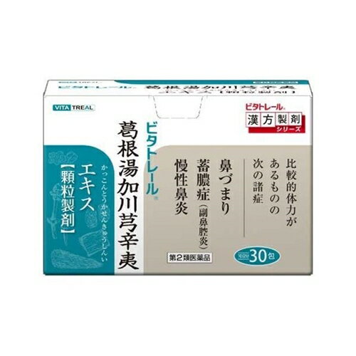 商品の特徴 本剤は、本朝経験方による葛根湯加辛夷川芎に準拠して製造されたエキス顆粒剤です。 使用上の注意 ■相談すること 1.次の人は服用前に医師、薬剤師又は登録販売者に相談すること (1)医師の治療を受けている人。 (2)妊婦又は妊娠していると思われる人。 (3)体の虚弱な人(体力の衰えている人、体の弱い人)。 (4)胃腸の弱い人。 (5)発汗傾向の著しい人。 (6)高齢者。 (7)今までに薬などにより発疹・発赤、かゆみ等を起こしたことがある人。 (8)次の症状のある人。:むくみ、排尿困難 (9)次の診断を受けた人。:高血圧、心臓病、腎臓病、甲状腺機能障害 2.服用後、次の症状があらわれた場合は副作用の可能性があるので、直ちに服用を中止し、 この文書を持って医師、薬剤師又は登録販売者に相談すること [関係部位:症状] 皮膚:発疹・発赤、かゆみ 消化器:吐き気、食欲不振、胃部不快感 まれに下記の重篤な症状が起こることがある。その場合は直ちに医師の診療を受けること。 [症状の名称:症状] 偽アルドステロン症、ミオパチー:手足のだるさ、しびれ、つっぱり感やこわばりに加えて、脱力感、筋肉痛があらわれ、徐々に強くなる。 3.1ヵ月位服用しても症状がよくならない場合は服用を中止し、この文書を持って医師、薬剤師又は登録販売者に相談すること 4.長期連用をする場合は、医師、薬剤師又は登録販売者に相談すること 効能・効果 鼻づまり、蓄膿症、慢性鼻炎 用法・用量 下記の量を食間又は空腹時に水又は温湯にて服用して下さい。 [年齢:1回量:1日服用回数] 大人(15才以上):1包:3回 15才未満7才以上:2/3包:3回 7才未満4才以上:1/2包:3回 4才未満2才以上:1/3包:3回 2才未満:服用しないこと (1)小児に服用させる場合には、保護者の指導監督のもとに服用させること。 (2)用法・用量を厳守すること。 成分・分量 本品1日量3包(1包3g)中 日本薬局方 カッコン 2.0g、 日本薬局方 マオウ 2.0g、 日本薬局方 ケイヒ 1.0g、 日本薬局方 シャクヤク 1.0g、 日本薬局方 タイソウ 1.5g、 日本薬局方 ショウキョウ 0.5g、 日本薬局方 カンゾウ 1.0g、 日本薬局方 センキュウ 1.5g、 日本薬局方 シンイ 1.5g」 より製した水製乾燥エキス 2.76g 添加物として、乳糖、バレイショデンプンを含有する。 保管および取扱い上の注意 (1)直射日光の当たらない湿気の少ない涼しい所に保管すること。 (2)小児の手の届かない所に保管すること。 (3)他の容器に入れ替えないこと。 (4)1包を分割した残りを服用する場合には、袋の口を折り曲げて保管し、2日以内に使用すること。 (5)本剤は生薬を原料としたエキスを用いた製品ですから、製品により色調や味が多少異なることがありますが、効果には変わりありません。 商品区分 第二類医薬品 文責者 森田雄喜　登録販売者 広告文責 株式会社 メディール 使用期限 使用期限まで100日以上の商品をお送りいたします お問い合わせ先 東洋漢方製薬株式会社「お客様相談室」 電話 : 0120-00-1040 受付時間 : 9:00-17:00(土、日、祝日を除く) 製造販売元:東洋漢方製薬株式会社 〒584-0022 大阪府富田林市中野町東2丁目1番16号 第二類医薬品とは:まれに入院相当以上の健康被害が生じる可能性がある成分を含むもの。 （例）主な風邪薬、解熱鎮痛薬、解熱鎮痛剤など「ビタトレール 葛根湯加川芎辛夷」は,本朝経験方による葛根湯加辛夷川芎に準拠して製造されたエキス顆粒剤です。【医薬品販売に関する記載事項】（必須記載事項）はこちら