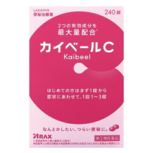 使用上の注意 してはいけないこと(守らないと現在の症状が悪化したり、副作用・事故が起こりやすくなります。)1、本剤を服用している間は、次の医薬品を服用しないでください他の瀉下薬(下剤)2、授乳中の人は本剤を服用しないか、本剤を使用する場合は授乳を避けてください3、大量に服用しないでください相談すること1、次の人は服用前に医師、歯科医師又は薬剤師に相談してください(1)医師又は歯科医師の治療を受けている人。(2)妊婦又は妊娠にしていると思われる人。(3)本人又は家族がアレルギー体質の人。(4)薬によりアレルギー症状を起こしたことがある人。(5)次の症状のある人。はげしい腹痛、悪心・嘔吐2、次の場合は、直ちに服用を中止し、説明書を持って医師・歯科医師又は薬剤師に相談してください(1)服用後、次の症状があらわれた場合関係部位症状皮ふ発疹・発赤、かゆみ消化器悪心・嘔吐、食欲不振3、次の症状があらわれることがあるので、このような症状の継続又は増強が見られた場合には、服用を中止し、医師又は薬剤師に相談してください下痢 効能・効果 ●便秘●便秘に伴う次の症状の緩和：肌あれ、吹出物、頭重、のぼせ、食欲不振(食欲減退)、腹部膨満、腸内異常醗酵、痔 用法・用量 次の量を1日1回就寝前(又は空腹時)に服用してください。ただし、初回は最少量を用い、便通の具合や状態をみながら少しずつ増量又は減量してください。年齢便通の具合や状態1回量1日服用回数大人(15才以上)2-3日便通がない時1-2錠1回4日以上便通がない時2-3錠15才未満服用しないこと用法・用量に関連する注意(1)定められた用法・用量を厳守してください。(2)本剤は腸溶錠ですので、かんだり、つぶしたりせずにそのまま服用してください。また、制酸剤又は牛乳と同時に服用しないでください。(3)錠剤の取り出し方錠剤の入っているPTPシートの凸部を指先で強く押して裏面のアルミ箔を破り、取り出して服用してください。(誤ってそのままのみ込んだりすると食道粘膜に突き刺さる等思わぬ事故につながります。)●カイベールC服用の際にはコップ1-2杯の水と一緒に服用し、なるべく水分を多く摂取してください。●寝る前にカイベールCを服用すると、寝ている間に大腸で働き、朝自然に近いお通じが得られます。作用があらわれる時間は、便秘の程度などによって個人差がありますので6-12時間後を目安に服用してください。●便秘を予防するために、次のことにこころがけてください。*日常生活を規則正しくし、毎朝排便する習慣をつけましょう。*果実や生野菜など繊維質の多い食物をとりましょう。*起床時に冷たい水や牛乳などを飲み、排便をうながしましょう。*適度な運動を行い、運動不足にならないようにしましょう。 成分・分量 成分1錠中主な作用ビサコジル5mg大腸粘膜に直接作用して、便通を促します。センノサイド20mg大腸粘膜およびアウエルバッハ神経叢に作用して腸の蠕動運動を改善し、かつ水分の吸収を抑制することにより便通を促します。添加物として乳糖、バレイショデンプン、CMC-Ca、ステアリン酸Mg、ヒドロキシプロピルメチルセルロース、ヒドロキシプロピルメチルセルロースフタレート、クエン酸トリエチル、ゼラチン、炭酸Ca、白糖、酸化チタン、カルナウバロウ、赤色3号、黄色5号を含有する。成分・分量に関連する注意本剤の服用により、尿が黄褐色又は赤褐色になることがありますが、これは主成分のセンノサイドによるものです。 保管および取扱い上の注意 (1)直射日光の当たらない湿気の少ない涼しい所に保管してください。(2)小児の手の届かない所に保管してください。(3)他の容器に入れ替えないでください。(誤用の原因になったり品質が変わります。)(4)服用のつど、ポリ袋の口を正しく閉じてください。また一度開封した後は品質保持の点からなるべく早くご使用ください。(5)使用期限をすぎた製品は服用しないでください。(6)ノーシンの外装フィルムに使われているセロハンは、紙製容器包装には該当しません。可燃ゴミとしてお住まいの地域の廃棄方法に従って廃棄してください。 商品区分 指定第二類医薬品 使用期限使用期限：使用期限まで1年以上あるものをお送りします文責者 森田雄喜　登録販売者 お問い合わせ先 460-0002名古屋市中区丸の内三丁目2-26受付：月から金曜(祝日を除く)9：00-16：30指定第二類医薬品とはその副作用等により日常生活に支障を来す程度の健康被害が生ずるおそれがある医薬品（第1類医薬品を除く）であって厚生労働大臣が指定するもの。第二類医薬品のうち、特別の注意を要するものとして厚生労働大臣が特に指定するもの。「カイベールC 240錠は,腸溶性のコーティングが施してあり、2つの成分が大腸に直接作用して確かな効果が期待できる便秘薬です。ビサコジルとサンノサイドの作用により、自然に近いお通じが得られ、便秘に伴ういろいろな不快症状に対してもすぐれた効果をあらわします。ピンク色した小粒の糖衣錠で、のみやすく、しかものむ人の症状に合わせ、錠数を調節して服用できます。はじめての方は、まず1錠から効き目をお試しください。 」【医薬品販売に関する記載事項】（必須記載事項）はこちら