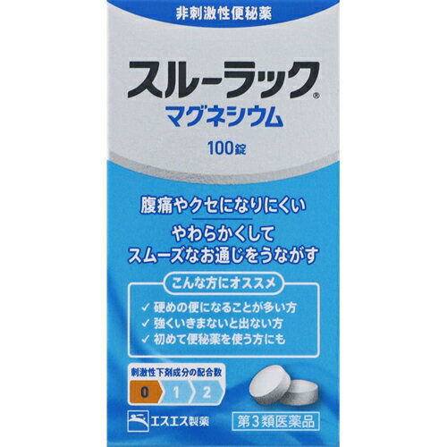 商品の特徴 ●スルーラックマグネシウムは、腸を刺激しないので、腹痛やクセになりにくい非刺激性 便秘薬です。 ●酸化マグネシウムの働きにより、腸に水分を集めて便をやわらかくすることで、 スムーズなお通じを促します。 ●初めて便秘薬を使う方にもおすすめです。 使用上の注意 ■■してはいけないこと■■ (守らないと現在の症状が悪化したり、副作用が起こりやすくなります。) 1.本剤を服用している間は、次の医薬品を服用しないでください 他の瀉下薬(下剤) ■■相談すること■■ 1.次の人は服用前に医師、薬剤師又は登録販売者に相談してください (1)医師の治療を受けている人。 (2)妊婦又は妊娠していると思われる人。 (3)高齢者。 (4)次の症状のある人。 はげしい腹痛、吐き気・嘔吐 (5)次の診断を受けた人。 腎臓病 2.服用後、次の症状があらわれた場合は副作用の可能性があるので、直ちに服用を中止し、 この説明書を持って医師、薬剤師又は登録販売者に相談してください 関係部位・・・症状 消化器・・・はげしい腹痛、吐き気・嘔吐 精神神経系・・・強い眠気、意識がうすれる 循環器・・・立ちくらみ、脈が遅くなる 呼吸器・・・息苦しい その他・・・筋力の低下、口のかわき 3.服用後、次の症状があらわれることがあるので、このような症状の持続又は増強が 見られた場合には、服用を中止し、この説明書を持って医師、薬剤師又は登録販売 者に相談してください 下痢 4.1週間位服用しても症状がよくならない場合は服用を中止し、この説明書を持って 医師、薬剤師又は登録販売者に相談してください 効能・効果 ○便秘 ○便秘に伴う次の症状の緩和:腹部膨満、肌あれ、吹出物、腸内異常醗酵、 食欲不振(食欲減退)、痔、頭重、のぼせ 用法・用量 次の1回量を1日1回、就寝前(又は空腹時)に水又はぬるま湯で服用してください。 ただし、初回は最小量を用い、便通の具合や状態をみながら少しずつ増量又は減量してください。 年齢・・・1回量 成人(15才以上)・・・3-6錠 11才-14才・・・2-4錠 7才-10才・・・2-3錠 5才-6才・・・1-2錠 5才未満・・・服用しないこと ●空腹時の目安:食後なるべく2時間以上 [樹脂容器入り品、PTPシート入り品共通の事項] (1)用法・用量を厳守してください。 (2)小児に服用させる場合には、保護者の指導監督のもとに服用させてください。 (3)本剤を口に含み、コップ1杯(約180mL)の水又はぬるま湯で服用してください。 [PTPシート入り品についての事項] 錠剤の取り出し方 錠剤の入っているPTPシートの凸部を指先で強く押して裏面のアルミ箔を破り、取り 出してお飲みください。(誤ってそのまま飲み込んだりすると食道粘膜に突き刺さるなど 思わぬ事故につながります。) 成分・分量 成分・・・6錠中・・・作用 酸化マグネシウム・・・2000mg ・・・腸に水分を集めて便をやわらかくすることで、スムーズなお通じを促します 添加物:セルロース、カルメロースCa、ステアリン酸Ca、l-メントール 保管および取扱い上の注意 [樹脂容器入り品、PTPシート入り品共通の事項] (1)直射日光の当たらない湿気の少ない涼しい所に保管してください。 (2)小児の手の届かない所に保管してください。 (3)他の容器に入れ替えないでください。 (誤用の原因になったり品質が変わることがあります。) (4)使用期限をすぎたものは服用しないでください。 [樹脂容器入り品についての事項] (1)容器のフタはよくしめてください。しめ方が不十分ですと湿気などのため変質する ことがあります。また、本剤をぬれた手で扱わないでください。 (2)容器の中のつめ物は、輸送中に錠剤が破損するのを防ぐためのものです。 開封後は不要となりますので取り除いてください。 商品区分 第三類医薬品 文責者 森田雄喜　登録販売者 広告文責 株式会社 メディール 使用期限 使用期限まで100日以上の商品をお送りいたします お問い合わせ先 エスエス製薬株式会社 お客様相談室 〒163-1488 東京都新宿区西新宿3-20-2 0120-028-193 9時から17時30分まで(土、日、祝日を除く) 第三類医薬品とは:日常生活に支障をきたす程度ではないが、身体の変調・不調が起こるおそれがある成分を含むもの。 （例）ビタミンB、C含有保健薬、整腸剤など「スルーラックマグネシウム」は、腸を刺激しないので、腹痛やクセになりにくい非刺激性便秘薬です。【医薬品販売に関する記載事項】（必須記載事項）はこちら