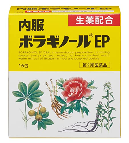 【重要】※必ずお読みください封筒での発送となります。他商品との同梱は不可となります。また、当店から発送後の商品の紛失・破損などのトラブルにつきましては一切の責任を負いかねます。発送後のご注文キャンセルにつきましては、理由の如何を問わずお断り致します。 お届けまで5日〜1週間ほどお時間を頂く場合がございます。 代引き決済には対応不可です。数量が多い場合は通常便で発送となります。 ポスト投函となりますので日付け指定はできません。日付け指定を選択した場合は無効となりますので ご了承くださいご注文者とお届け先の表札が異なる場合は「○○様方△△まで」「○○気付●●・・」と記入お願いいたします 予めご理解・ご了承の上、ご注文をお願い致します。 商品の特徴 痔疾用内服薬 生薬配合 1.ボタンピエキスなど3種の生薬エキスとビタミンE酢酸エステルを配合した痔疾用 内服薬です。 2.痔核(いぼ痔)、きれ痔の原因となる直腸肛門部の血液循環障害を改善するとともに、 炎症をおさえ、痔核(いぼ痔)、きれ痔による痛み・出血・はれ・かゆみなどの症状を 改善します。 3.のみやすく溶けやすいうすい灰黄色~うすい灰かっ色の顆粒剤です。 4.携帯に便利な分包です。 5.1日2回の服用です。 使用上の注意 ■■してはいけないこと■■ (守らないと現在の症状が悪化したり、副作用が起こりやすくなる) 次の人は服用しないこと 本剤または本剤の成分によりアレルギー症状を起こしたことがある人。 ■■相談すること■■ 1.次の人は服用前に医師、薬剤師または登録販売者に相談すること (1)医師の治療を受けている人。 (2)妊婦または妊娠していると思われる人。 (3)薬などによりアレルギー症状を起こしたことがある人。 (4)次の診断を受けた人。 フェニルケトン尿症 2.服用後、次の症状があらわれた場合は副作用の可能性があるので、直ちに服用を 中止し、この文書を持って医師、薬剤師または登録販売者に相談すること 関係部位:皮膚 症状:発疹・発赤、かゆみ 関係部位:消化器 症状:食欲不振、吐き気・嘔吐 3.服用後、次の症状があらわれることがあるので、このような症状の持続または増強が 見られた場合には服用を中止し、この文書を持って医師、薬剤師または登録販売者に 相談すること 下痢 4.1カ月位服用しても症状がよくならない場合は服用を中止し、この文書を持って医師、 薬剤師または登録販売者に相談すること 効能・効果 次の場合の症状の緩和:痔核(いぼ痔)、きれ痔、痔出血 用法・用量 次の量を食後に水またはお湯で服用すること。 年齢:成人(15歳以上) 1回量:1包 1日服用回数:2回 年齢:15歳未満 1回量:服用しないこと 1日服用回数:服用しないこと 用法・用量を厳守すること。 成分・分量 2包(2g:成人の1日服用量)中 成分:ボタンピエキス 含量:300mg(生薬エキス/牡丹皮1，200mgより抽出) 成分:セイヨウトチノキ種子エキス 含量:100mg(生薬エキス/西洋栃の木の種子600mgより抽出) 成分:シコン水製エキス 含量:300mg(生薬エキス/紫根900mgより抽出) 成分:ビタミンE酢酸エステル 含量:100mg(ビタミン/トコフェロール酢酸エステル) 添加物:アスパルテーム(L-フェニルアラニン化合物)、乳糖水和物、軽質無水ケイ酸、 ケイヒ末、カルメロースナトリウム、カンゾウエキス 本剤は生薬(薬用の草根木皮など)を用いた製品ですから、製品により顆粒の色調や味が 多少異なることがありますが、効果にはかわりありません。 保管および取扱い上の注意 (1)直射日光の当たらない湿気の少ない涼しい所に保管すること。 (2)小児の手の届かない所に保管すること。 (3)他の容器に入れ替えないこと(誤用の原因になったり品質が変わる)。 (4)使用期限を過ぎた製品は服用しないこと。 配合生薬について ボタンピ:ボタン(牡丹)は、薬用として根皮を用いることからボタンピ(牡丹皮)と 称し、中国最古の薬物書「神農本草経」に収載されている重要な生薬の1つです。 ボタンピから抽出したエキスは血液循環を改善し、炎症をおさえます。 セイヨウトチノキの種子:西洋栃の木は「マロニエ」の名でも知られ、種子のエキスは ドイツ・フランスなどで痔の治療に用いられています。 セイヨウトチノキ種子エキスは血液循環を改善し、炎症をおさえます。 シコン:根皮の色が名称の由来となっているシコン(紫根)は、紫草として「神農本草 経」に収載されているムラサキの根で、外用としても古来より痔の治療に用いられています。 シコンから抽出したエキスは炎症をおさえます。 包装 16包 痔を予防するためのポイント 健康な生活サイクルを守り、痔を予防しましょう 1.便通をよくするため、1日3食バランスよく食べましょう。 2.おしりはいつも清潔にしましょう。 特に入浴は肛門の血液循環をよくします。 3.排便のとき、無理にいきまないようにしましょう。 商品区分 第二類医薬品 文責者 森田雄喜　登録販売者 広告文責 株式会社 メディール 使用期限 使用期限まで100日以上の商品をお送りいたします お問い合わせ先 天藤製薬株式会社「お客様相談係」 〒560-0082 大阪府豊中市新千里東町一丁目5番3号 0120-932-904 受付時間:9:00-17:00(土、日、休、祝日を除く) 製造販売元 天藤製薬株式会社 〒560-0082 大阪府豊中市新千里東町一丁目5番3号 第二類医薬品とは:まれに入院相当以上の健康被害が生じる可能性がある成分を含むもの。 （例）主な風邪薬、解熱鎮痛薬、解熱鎮痛剤など「内服 ボラギノールEP」は,痔核(いぼ痔)、きれ痔の原因となる直腸肛門部の血液循環障害を改善するとともに、炎症をおさえ、痔核(いぼ痔)、きれ痔による痛み・出血・はれ・かゆみなどの症状を改善します。【医薬品販売に関する記載事項】（必須記載事項）はこちら