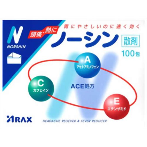 使用上の注意 ●してはいけないこと(守らないと現在の症状が悪化したり、副作用・事故が起こりやすくなります。)1.次の人は服用しないでください(1)本剤によるアレルギー症状を起こしたことがある人。(2)本剤又は他の解熱鎮痛薬、かぜ薬を服用してぜんそくを起こしたことがある人。2.本剤を服用している間は、次のいずれの医薬品も服用しないでください他の解熱鎮痛薬、かぜ薬、鎮静薬3.飲用時は飲酒しないでください4.長期連用しないでください●相談すること1.次の人は服用前に医師、歯科医師又は薬剤師に相談してください(1)医師又は歯科医師の治療を受けている人。(2)妊婦又は妊娠にしていると思われる人。(3)高齢者。(4)本人又は家族がアレルギー体質の人。(5)薬によりアレルギー症状を起こしたことがある人。(6)次の診断を受けた人。心臓病、腎臓病、肝臓病、胃・十二指腸潰瘍2.次の場合は、直ちに服用を中止し、説明書を持って医師・歯科医師又は薬剤師に相談してください(1)服用後、次の症状があらわれた場合関係部位症状皮ふ発疹・発赤、かゆみ消化器悪心・嘔吐、食欲不振精神神経系めまいまれに下記の重篤な症状が起こることがあります。その場合は直ちに医師の診療を受けてください。症状の名称症状ショック(アナフィラキシー)服用後すぐにじんましん、浮腫、胸苦しさ等とともに、顔色が青白くなり、手足が冷たくなり、冷や汗、息苦しさ等があらわれる。皮膚粘膜眼症候群(スティーブンス・ジョンソン症候群)、中毒性表皮壊死症(ライエル症候群)高熱を伴って、発疹・発赤、火傷様の水ぶくれ等の激しい症状が、全身の皮ふ、口や目の粘膜にあらわれる。肝機能障害全身のだるさ、黄疸(皮ふや白目が黄色くなる)等があらわれる。ぜんそく(2)5-6回服用しても症状がよくならない場合 効能・効果 1)頭痛・歯痛・月経痛(生理痛)・神経痛・関節痛・腰痛・肩こり痛・咽頭痛・耳痛・抜歯後の疼痛・筋肉痛・打撲痛・ねんざ痛・骨折痛・外傷痛の鎮痛2)悪寒・発熱時の解熱 用法・用量 次の用量をなるべく空腹時をさけて服用してください。服用間隔は4時間以上おいてください。年齢1回量1日服用回数大人(15才以上)1包3回を限度とする15才未満の小児服用しないこと用法・用量に関連する注意定められた用法・用量を厳守してください。 成分・分量1包(690mg)アセトアミノフェン 300mgエテンザミド 120mgカフェイン 70mg添加物としてグリセロリン酸カルシウム、ノイレチンカルシウム、ステアリン酸マグネシウム、バレイショデンプンを含有する。 保管および取扱い上の注意 (1)直射日光の当たらない湿気の少ない涼しい所に保管してください。(2)小児の手の届かない所に保管してください。(3)他の容器に入れ替えないでください。(誤用の原因になったり品質が変わります。)(4)使用期限をすぎた製品は服用しないでください。(5)車の中など、高温になるところに置かないでください。 お問い合わせ先本製品についてのお問い合わせは、下記にお願い申し上げます。 商品区分 指定第二類医薬品 文責者 森田　雄喜　登録販売者 お問い合わせ先 アラクス医薬情報室電話：052(951)2055受付時間：9：00-16：30(土、日、祝日を除く)製造販売元株式会社アラクス名古屋市中区丸の内三丁目2-26 指定第二類医薬品とはその副作用等により日常生活に支障を来す程度の健康被害が生ずるおそれがある医薬品（第1類医薬品を除く）であって厚生労働大臣が指定するもの。第二類医薬品のうち、特別の注意を要するものとして厚生労働大臣が特に指定するもの。「ノーシン散剤はACE処方の3つの有効成分(アセトアミノフェン、エテンザミド、カフェイン)が協力的に作用して、頭痛やいろいろな痛み・発熱に速く効き、すぐれた効果を発揮するようにつくられた痛み止めです。眠くなる成分や習慣性のある成分は含まれていません。天然の素材をしようした薬包紙で、散剤が飲みやすく、飲み残しもありません」【医薬品販売に関する記載事項】（必須記載事項）はこちら