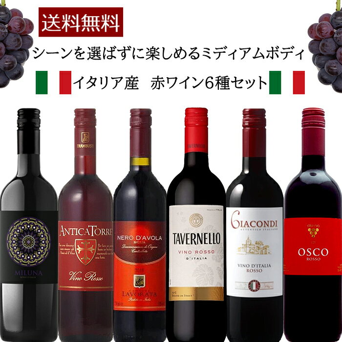 イタリアワイン 【送料無料】赤ワイン イタリア 6本セット フルボトル 750ml 6種類 ワイン 6本セット ミディアムボディ 飲み比べ 家飲み ギフト ミックスセット プレゼント