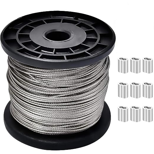 台風対策ワイヤーロープ ステンレスワイヤー ワイヤー ステンレス製（SUS304）柔軟 wire rope 直径1.5mm 長さ100m アルミスリーブ　錆びにくい 使用荷重165kg　安定な固定　地震対策　台風対策　落下防止　工事　林業　DIY　フェンス柵（　(線径 アルミスリーブ50個入り)