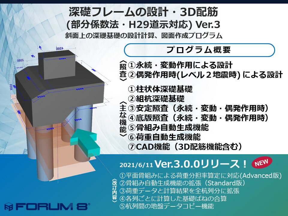 ■商品説明 本製品はサブスクリプションライセンス製品となります。 斜面上の組杭深礎基礎・単杭の深礎杭（柱状体深礎基礎含む）及びフーチングの設計計算、図面作成が可能です。また、深礎基礎に接合する柱および梁を含めた下部工全体の骨組み（フレーム）構造解析が可能です。常時、暴風時及びレベル1地震時、レベル2地震時の設計計算が可能です。杭列に対して面内解析および面外解析が可能です。橋軸方向および橋軸直角方向の一括入力が可能です。地層は直線地層線の入力方式、折線地層線の入力方式に対応しています。地形一括入力を用いると地形形状に対して基礎位置の相対的な位置変更が可能です。上部がライナープレート、下部がモルタルライニングの混合土留めが可能です。下部工製品（橋台・橋脚）とのデータ連動に対応しています。 ■動作環境 OS：Windows 10 / 11 CPU：Pentium III800MHz以上　（推奨Pentium IV3.0GHz以上） 必要メモリ(OSも含む）：推奨512MB以上 必要ディスク容量：約120MB以上（インストール時） ※計算実行時には、解析モデルの大きさ、出力データの種類によって 約500MB〜数GB 程度のハードディスク空き容量が必要です。 ディスプレイ（画面解像度）：1024×768以上 ※フォントサイズは[小さいフォント]のみをサポートしています。 入力データ拡張子：F8O ファイル出力：F8出力編集ツール対応：TXT、HTM、PPF、DOC、DOCX、PDF、JTD、JTDC 画像：3DS 他製品との連動： ＜連動＞ 橋台の設計・3D配筋 箱式橋台の設計計算 ラーメン式橋台の設計計算 橋脚の設計・3D配筋 PC橋脚の設計計算 ＜保存＞ UC-win/Road(3DS) ライナープレート(FYW) 備考 調表出力対応 【販売】株式会社フォーラムエイト（FORUM8）