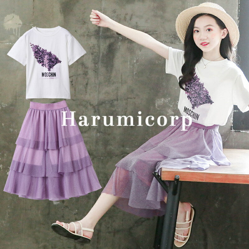 子供服 2点セットアップ キッズ 女の子 夏 韓国こども服 半袖 Tシャツ+カステラスカート カジュアル ジ..