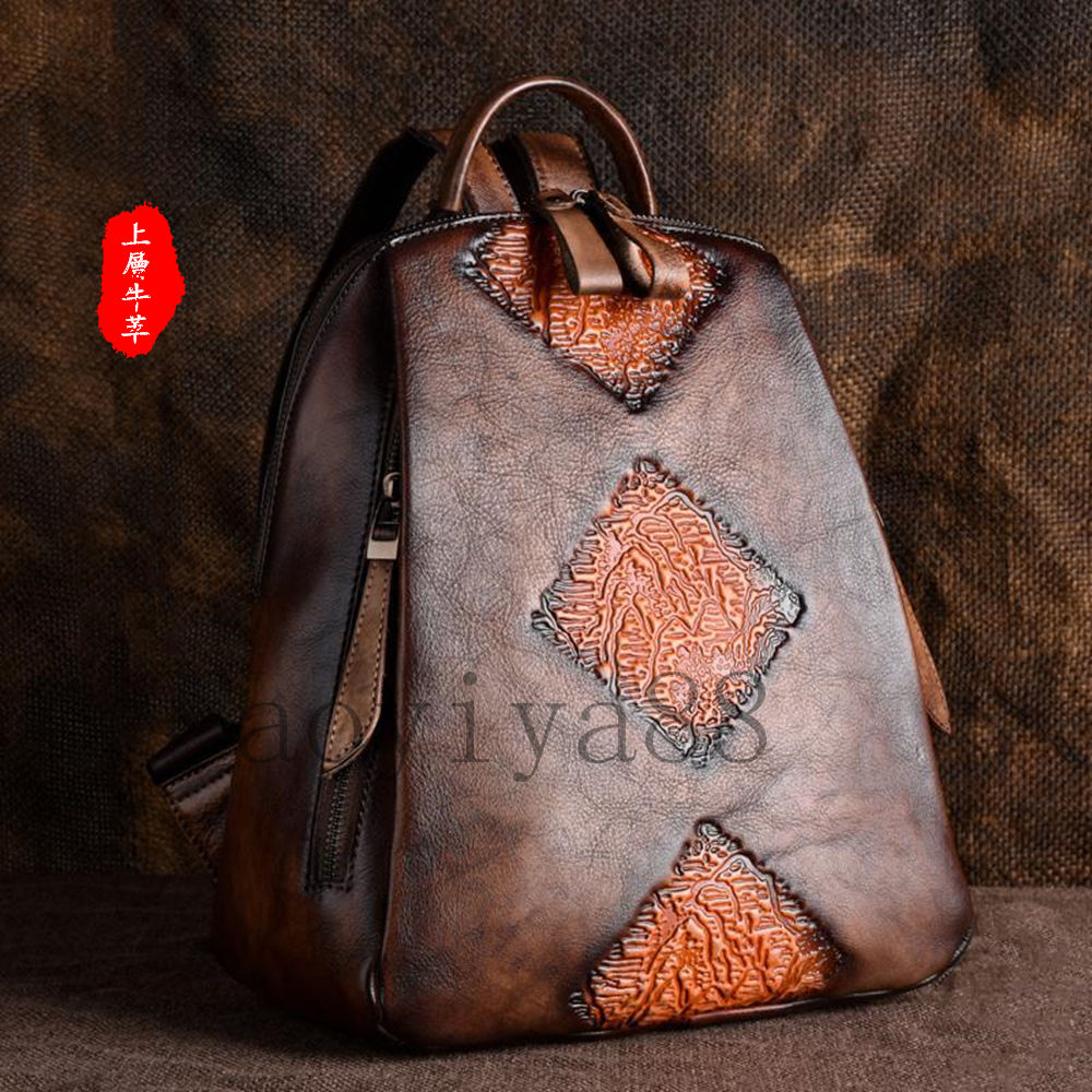型押し革 リュックサックバッグ レディース バックパック 復古花柄 上層牛革 デイパック 伝統工芸 植鞣..