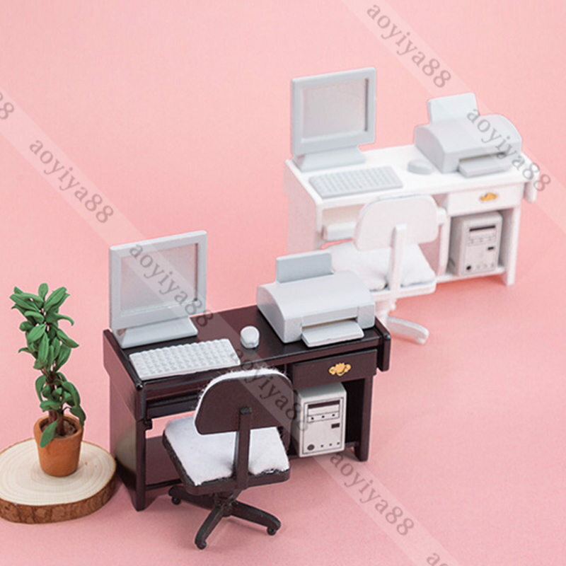 1/12 ミニチュア オフィス ワンシーン dollhosue ミニ家具 木製 樺の木 ドール用 コンプューター ミニ DIYデザイン 面白い