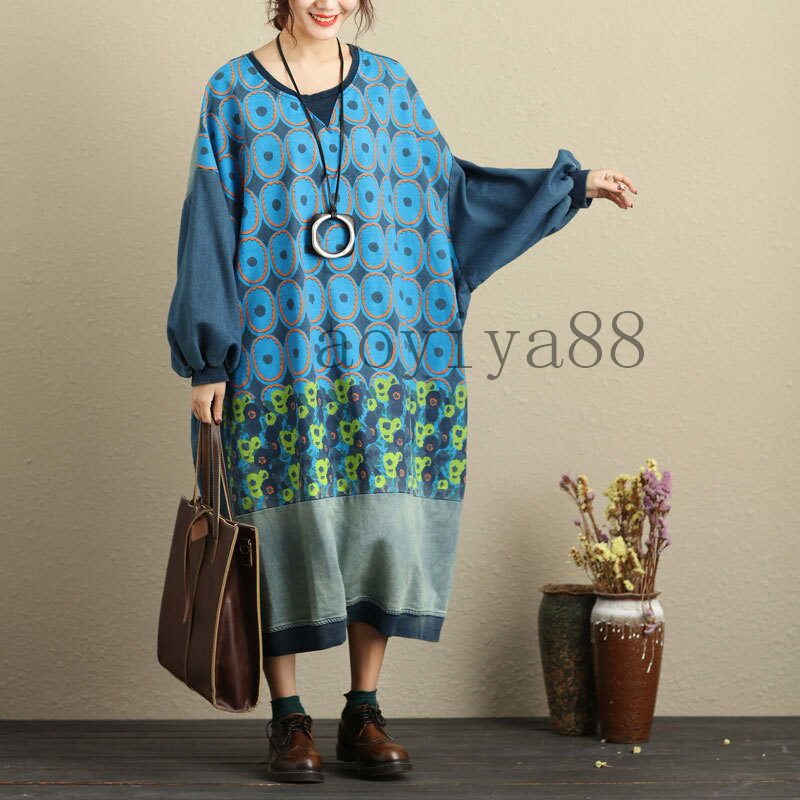 チュニック レディース ワンピース カジュアル ビッグサイズ パーカー 森ガール 丸襟 プリント