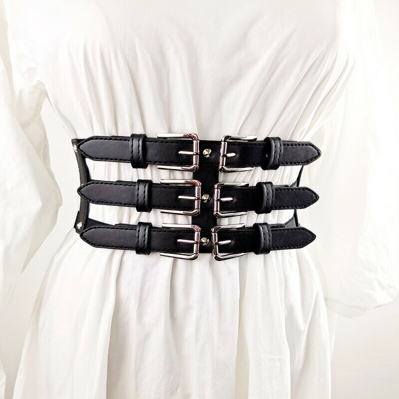 コルセットベルト 3連バックル ゴムベルト 太ベルト パンク ボディハーネス 量産型 地雷系 病みかわ