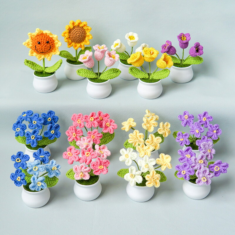 完成品手織りすずらん鉢植えの家庭装飾品ニット模造花毛糸鉤織花束造花プレゼント