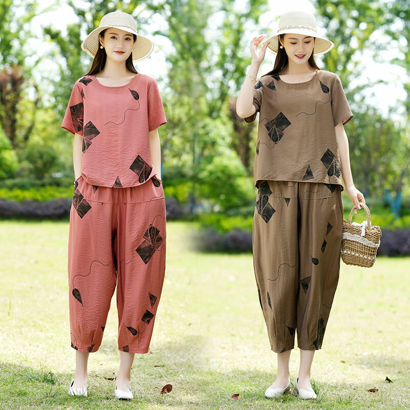 中年女装中年母綿麻二点セット夏服洋風大サイズゆるい中高年ファッション減齢スーツ