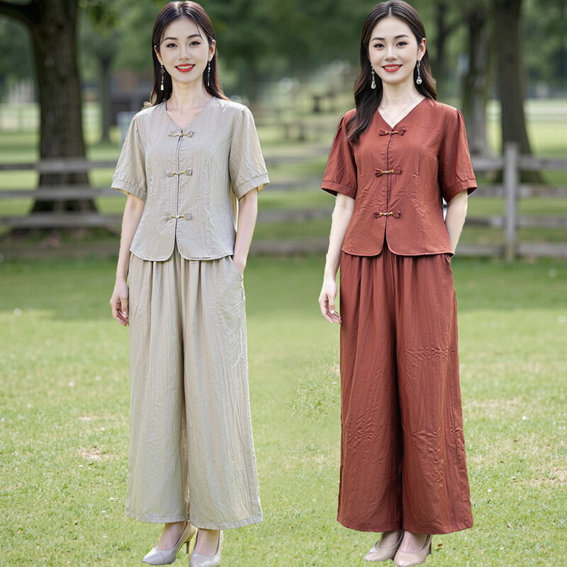 中高年女装気質がやせている2点セットの夏服ファッション国風ママ服半袖上着ワイドパンツセット