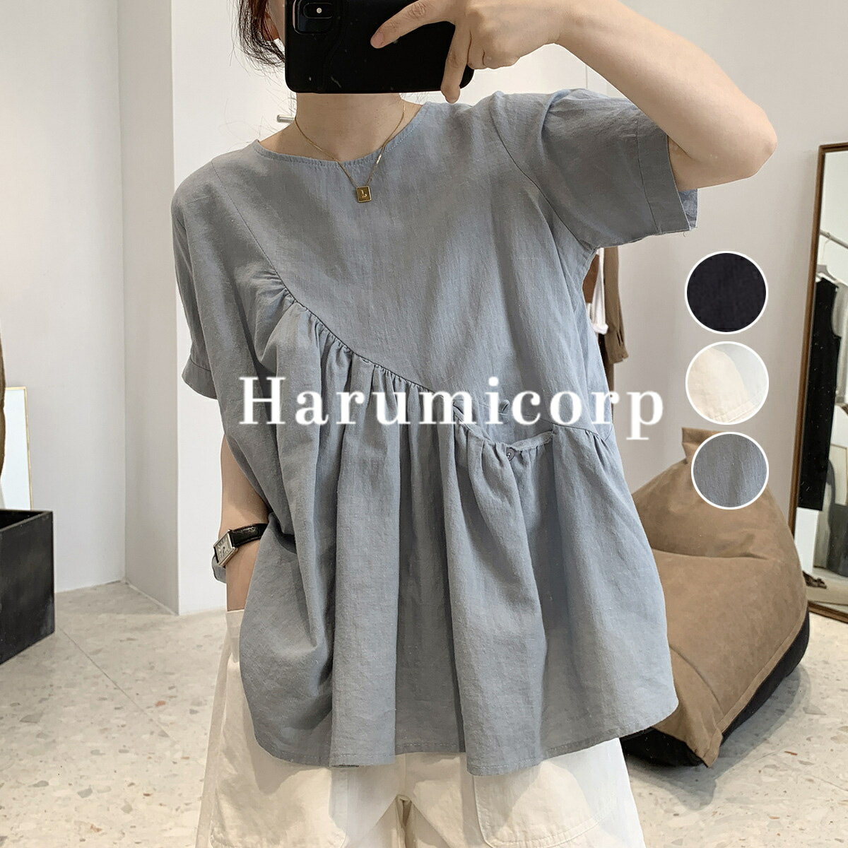 上品 2022年春夏秋シャツ半袖 綿麻 ブラウス ボディシャツ ショーツ型 オフィス フォーマル フィット やわらかストレッチ通勤40代 50代 30代