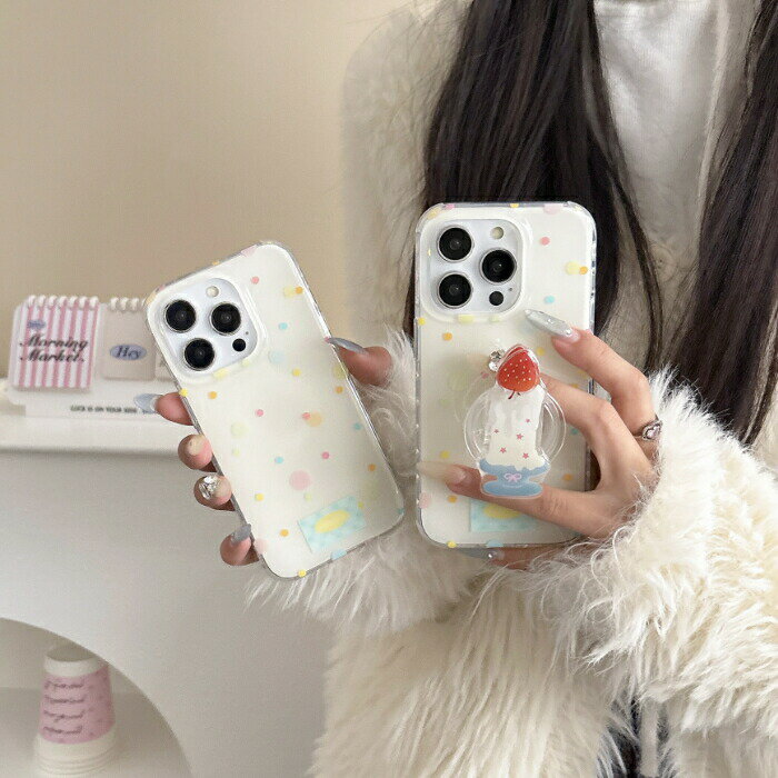 Rakuten - ＼ポイント25倍／取り外し グリップ付き iPhoneケース アイフォンカバー iPhoneアクセサリー スマホケース ドット柄 水玉柄 クリアケース 透明ケース パステル かわいい カワイイ ファンシー スマホ いちご ストロベリー スイーツ風 スイーツ柄 韓国風 ガーリー