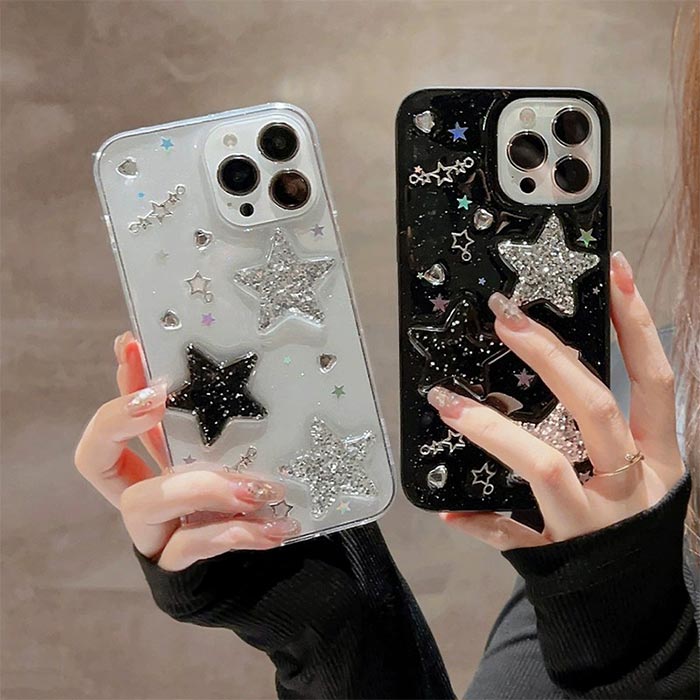 樂天商城 - 【キラキラ星デザイン iPhoneケース】立体デザイン スマホケース iPhone16ケース（ブラック・クリア）個性的 大人かわいい 星柄 キラキラケース 衝撃吸収 TPU お揃い SNS映え 写真映え 目立つ スマホカバー しっかり保護 女子 スター柄ケース