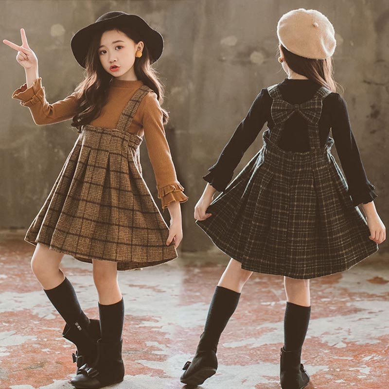樂天商城 - 子供服 2点セット ワンピース 女の子 ノースリーブ 秋冬新作 チェック柄 子供ドレス dress キッズ 秋冬 ワンピース 膝丈 韓国子供服 ジュニア インナー カジュアル おしゃれ 可愛い 新品
