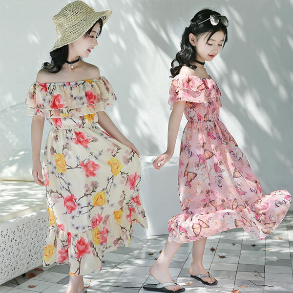 Short Sleeves - 子供服 ワンピース 女の子 夏服 160センチ 韓国子供服 花柄ワンピース 半袖 シフォン ドレス 子ども服 ジュニア 女の子ワンピース キッズ ベビー服 女児 可愛い おしゃれ お姫様 七五三 誕生日 新品 160cm 150cm 140cm