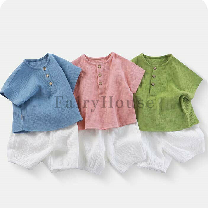 Rakuten - ベビー服 ベビー セットアップ 上下セット 半袖 女の子 男の子 80 90 100 110 120cm 春 夏 ルームウェア お部屋着 パジャマ くすみカラー 子供服 トップス ブラウス ショートパンツ 2点セット おしゃれ かわいい 綿100％ コットン 1歳 2歳 出産祝い プレゼント harumicorp