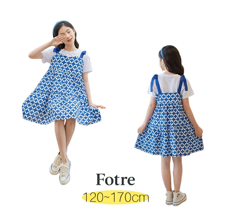 女の子 夏ワンピース 2026 韓国風 INS風 半袖Tシャツ ドッキング フラワー プリント プリンセスドレス キッズ 中大童 可愛い 学院風 ガールズ 100‑160cm 通学・通園 お出かけ用 カジュアル 童装 子供服 批発対応 人気