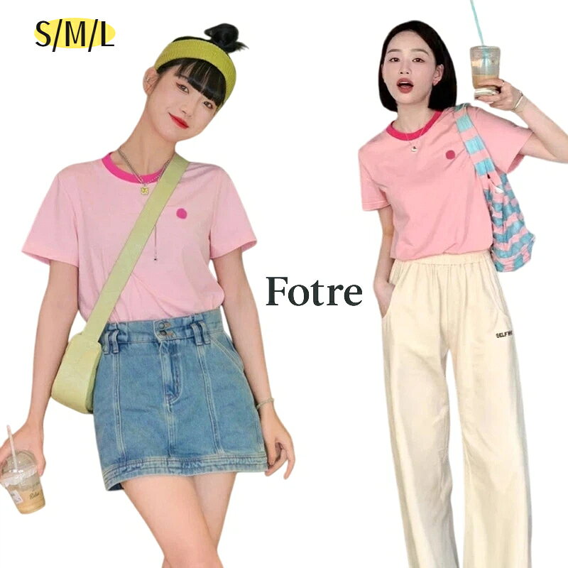 Rakuten - レディース 半袖Tシャツ 夏新作 2026年 コットン素材 バイカラー ラウンドネック 涼感Tシャツ ピンク 正肩デザイン スリムシルエット おしゃれ カジュアル フェミニン 通勤 デート 女子会 着回しやすい トレンドアイテム
