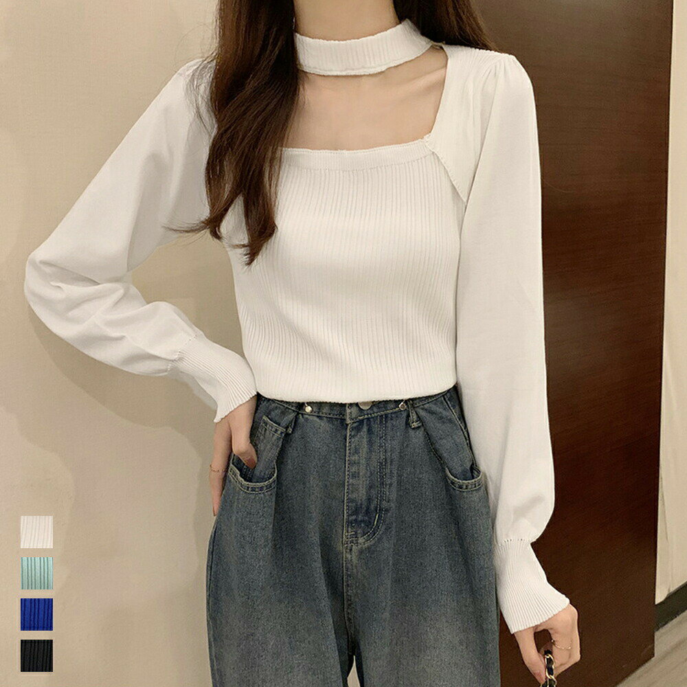 樂天商城 - 最大50%クーポンで,1895円チョーカー風 リブニットトップス 韓国風 レディース バストオープン ニットトップス カジュアル パフスリーブ ニットソー 20代 30代 ニットウエア おしゃれ 85-900390