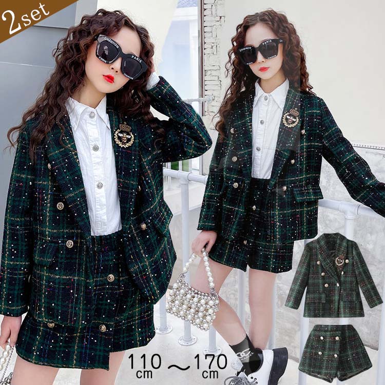 Rakuten - 入学式 卒業式 スーツ 子供服 女の子 ジュニア 小学生 中学生 ショートパンツ ツイード ジャケット ロング丈 フォーマル スーツ チェック柄 可愛い お洒落 セットアップ 入園式 卒園式 幼稚園 発表会 110 120 130 140 150 160cm