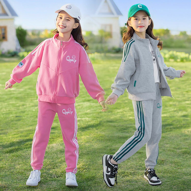 Rakuten - 2点セット 女の子 ジャージ ジップアップ セットアップ 上下セット ハイネック パーカー ジュニア スポーツウェア スウェット 体操服 カジュアル 日常服 トレーニングウェア 小学生 中学生 春 秋 子供服 110 120 130 140 150 160 170cm