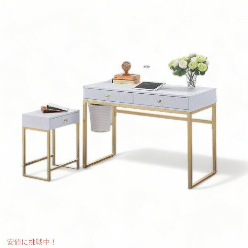 サイドテーブル 引き出し アンティーク White/Brassアメリカ輸入家具 アメリカ輸入雑貨 Founderがお届け! [2]