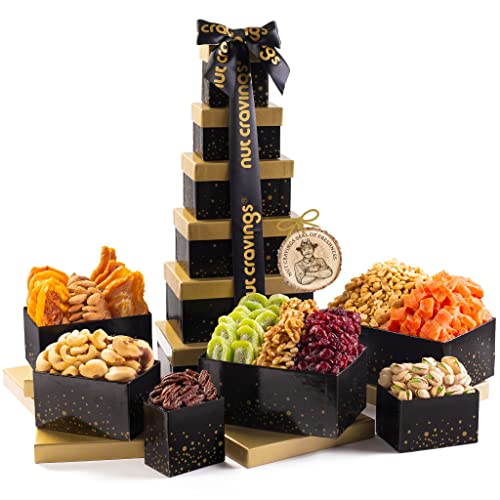 Dried Fruit & Nuts Gift Basket Black Tower + Ribbon (12 c