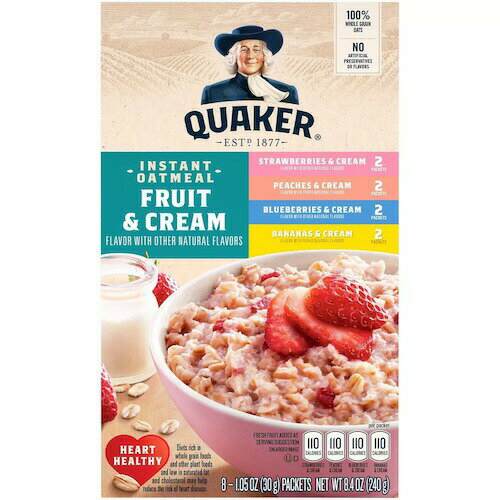 Quaker クエーカー インスタント オートミール フルーツ＆クリーム バラエティパック 内容量：8袋（1袋30g） フレーバー：ストロベリー＆クリーム（2袋）、ピーチ＆クリーム（2袋）、ブルーベリー＆クリーム（2袋）、バナナ＆クリーム（2袋） ・ホールグレインのオーツ麦を使用 ・人工保存料、人工香料不使用 ＊パッケージのデザインは写真と異なる場合がございます。予めご了承くださいませ。