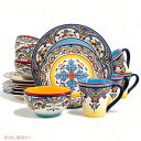 Euro Ceramica Zanzibar Collection 16ピース食器セット花柄 マルチカラー ブルーとイエロー