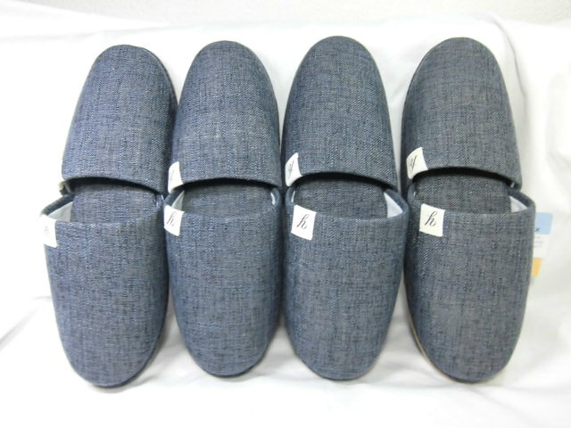 商品詳細 ※4足セットとなります。 ◆11時までのご注文で当日出荷可能（当店休日・振込決済を除く） （翌日お届け指定地域につきましては、最短お届日はカレンダーと連動いたしております。翌日お届け出来ない時もございます。） （指定地域以外の方でお急ぎの場合は、お届日指定入力なさらないでください。最短お届日指定手配させていただきます。） （出荷しても、天候・交通事情によりお届日・時間指定が守れない場合もございます事を予めご了承ください。） ■かかと部分に厚みがありしっかりとした作りのスリッパです。 ■かかと部分にクッション性があり履き心地が良いです。 ■裏底部分に床に優しく、パタパタと音のしにくいポリスエード素材を使用。 ■裏底に大きな滑りにくい加工。 ■サイズ（長さ）約：27cm（裏底サイズ：28.5cm） ■スリッパは靴とサイズが異なりますので、ぶかぶかだったり、かかとを出して履く場合がございます。 ■最初小さく感じても履いていると足になじんできます。左右を決めて履くと更にフィットします。 ・私は靴のサイズが27.5cmですが、ちょうど良いサイズのスリッパです。 ■カラー：ブラック ※真っ黒ではないのでネイビーブルーのようにも見えます。 【送料・税込み価格】 ※ヤマト運輸発送。盗難補償の問題で【置き配】が承れません事をご了承ください。 ※離島・沖縄へはお届けできません。 【領収書につきまして】 領収書の発行可能となります。宛名・但し等をご要望欄へご記入お願いいたします。同梱させていただきます。（発送後の郵送の場合、110円切手と明細書を送ってください。返信郵送させていただきます。） ■ギフト包装（ラッピング）・メッセージカードのご要望はお受けできません事をご了承ください。