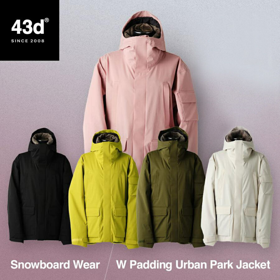 2021-2022 新作スノーボードウェア ジャケット単品『W Padding Urban Park Jacket』 2017年よりスタートした43DEGREESの最上位モデル。 北海道ニセコ町で活躍するスノーボーダー、インストラクター等、雪山で活躍する人々の意見を昇華し、より機能的で快適なスノーボードウェアを目指し制作。 毎年ブラッシュアップを繰り返し、根強いファンに支持を受ける。 レギュラーモデル「Peak Jacket」の機能を備えながらもよりルーズでリラックスしたシルエットで、札幌都市部でのアウターとして「Peak Jacket」とはまた違った切り口のジャケットとして提案します。 ゲレンデパーク内で気軽に楽しめるデザインながら、本格的なライディングもできるような仕様に仕上げました。 『W Padding Urban Park Jacket』は華奢な体格の方へ向け、レギュラーモデル「Peak Jacket」の世界観を持たせたオーバサイズシルエットの NEW スノーウェアです。 保温力とボリュームを持たせた曲線的なシルエットでファスナーカラーを生地のカラーと揃えた穏やかな表情に仕上げています。 「Peak Jacket」をご活用いただくような本格的な方に同行される方はもちろん、雪山不慣れな方や、代謝が低いとされる女性など絶対の保温力が欲しい方推奨のウェアとなっています。 2020-2021レギュラーモデル 旧 Peak Jacket は こちら ※当サイトではジャケット+パンツの上下セット販売はございません。 商品情報 内容 W Padding Urban Park Jacket (FS-SB2108) 素材 表地(無地) ナイロン100% 表地(柄地) ポリエステル100% 別布 ポリエステル100% 中綿 ポリエステル100% 耐水圧 10,000mm 透湿性 8,000g/m2・24hr 撥水性 撥水等級5級の超撥水 10~30回洗濯保持の持続力 ファンクション 保温箇所と通気箇所と袖通りを良くするため背面上部と両脇部分に トリプルメッシュシステム を配置 下からもファスナーを開けられる W ZIP仕様 フロントファスナー中央付近にビブパンツ胸ポケットやジャケット内ポケットにエントリーできるよう スルーインホール を設置 多岐にわたる角度でエントリーできる ポケット内スルーインホール を設置 顔を横に振った際も追づいするフィット感を実現したワンアクションで調整可能な ワンアクションフードアジャスター サイドポケット内部にベンチレーション機能を持たせた ワイドベンチレーションポケット 脇下に40cmの換気口( ベンチレーション )を設置し、解放用の引き手をそれぞれ端に設置し腕側・体側・大解放など状況により調整可能に。 ゲレンデなどでアクティブな姿勢に対応する ストレッチウエストゲーター 左袖に ICチケットホルダー を装備。中袋をわざとに遊ばせることでICチケットを腕の内側外側と移動させセンサーの位置に柔軟に設置可能。 根元にゴムを設置し手首の調整を固めず柔軟性を持たせ綺麗なシルエットも維持する リストゲーター サムホール使用時指付け根の負担を軽減するための特殊設計を施した ハンドゲーター は不要の際もサムホール箇所が解りにくい仕様に。 強度、滑りと信頼度の高い YKK止水ファスナー を使用。光沢の少ないマットな物を採用しデザインに馴染むファスナーに。 大容量のポケット内で収納物を固定できるよう ホルダーループ を設置 ジャケット内側には肌触りが良く、保温性も抜群な高品質 ソフトトリコット素材 を採用 ICチケット以外でも利用できるよう簡易的なチケットホルダーを付属。 ※43DEGREES「Hang Pants」シリーズへ設置すると滑走時にバタつかず安定するためおすすめです。 設置位置を自由に使えるテープを付属したスルーインポケットからの出し入れがしやすい オリジナルキーホルダー 物の出し入れにちょうど良い高さに ハンドウォーマーポケット を設置。指先の保温はもちろん、使いやすいポケットに。 腰に入り口が縦と横からの2気室の 立体的ポケット を配置することで、上からは何でも収納可能な大容量ポケットとして、横からは手を入れリラックスする際に使用することが可能。 肩ポケット とは元々戦闘機パイロットがコックピット内でペンやタバコなど細かい物を収納し出し入れしやすい箇所が肩の位置だったのが由来。本商品の 肩ポケット ではリフト、ゴンドラ乗車時などリップやゴーグル曇り止めなど細々した物の収納に。 商品ページ変更日時：2021/09/30 こちらの商品ページでは過去モデルをマイナーチェンジし、21-22年度モデルを紹介しています。 上記変更日時以前に書き込みのあるレビューとは一部異なる場合がございますので何卒ご容赦ください。