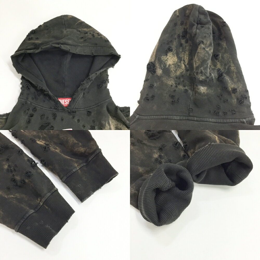 DIESEL(ディーゼル)Damaged Pullover Hoodie ダメージ加工プルオーバーパーカーサイズ：Sカラー：ブラック【中古】【122 インポート】【鈴鹿 併売】【122-251107-06OS】
