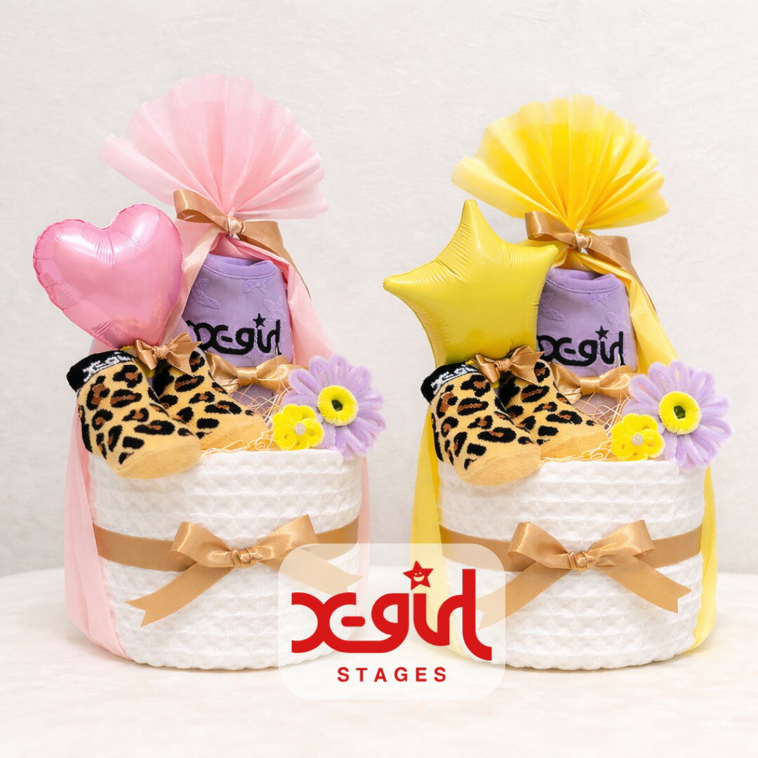 【楽天スーパーSALE限定価格】エックスガールステージス X-girl STAGES おむつケーキ 女の子 出産祝い スタイ ベビー靴下 今治タオル 2段 ベビー