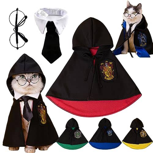 【送料無料]ハリーポッター コスプレ ペット服 猫 小型犬 ハリーポッターローブ 犬 コスチューム ネクタイ マント 眼鏡 3点セット 犬服 猫服 お散歩 お出かけ ペット洋服 写真 記念撮影 ペット用品