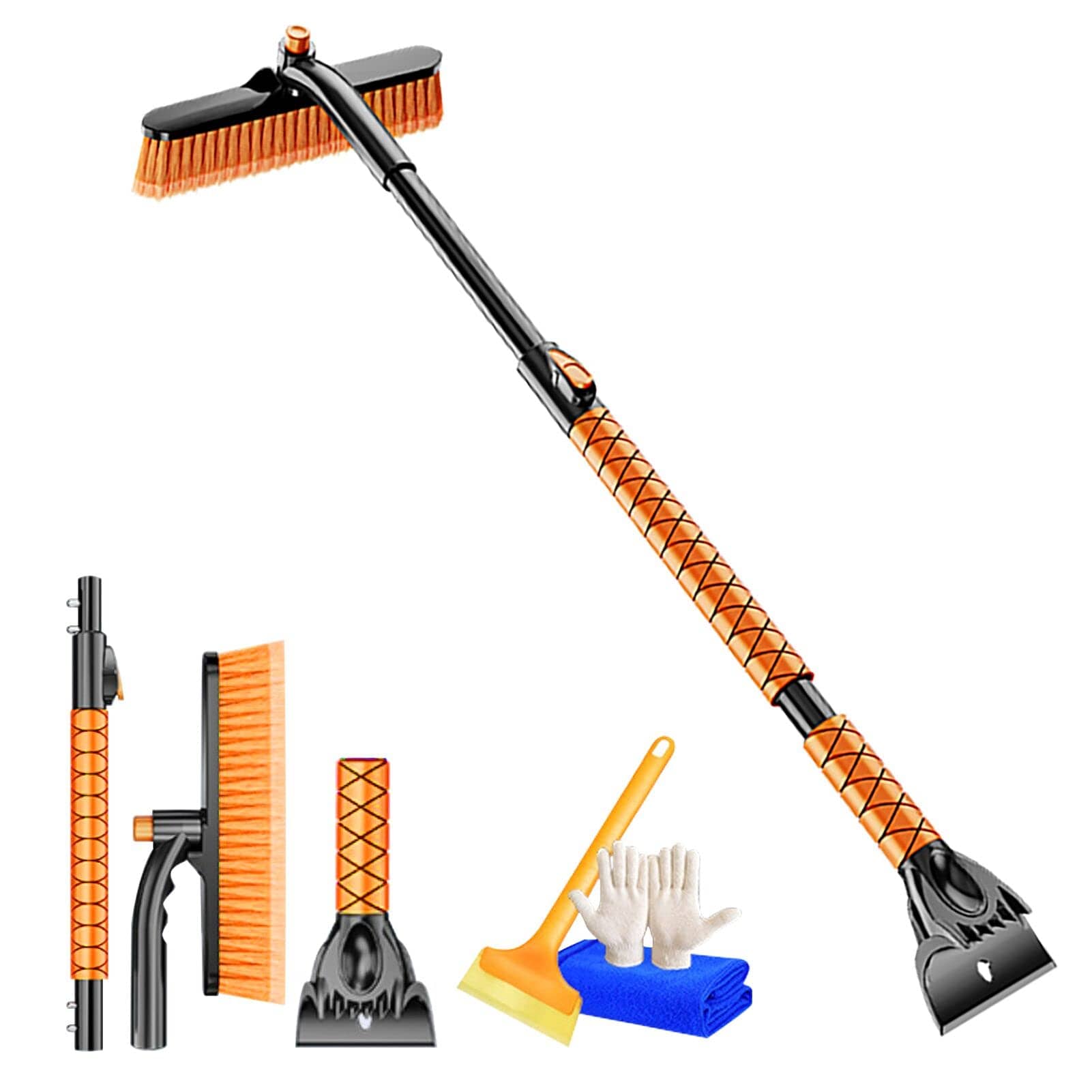 車用スノーブラシ 除雪 雪かき 伸縮式スノーブラシ アイススクレーパー付属 フォームハンドル スノーブラシ車伸縮式車スノーブラシスノーシャベル除雪ブラシヘッド調整可能な霜取り氷除去 360度回転ブラシヘッド