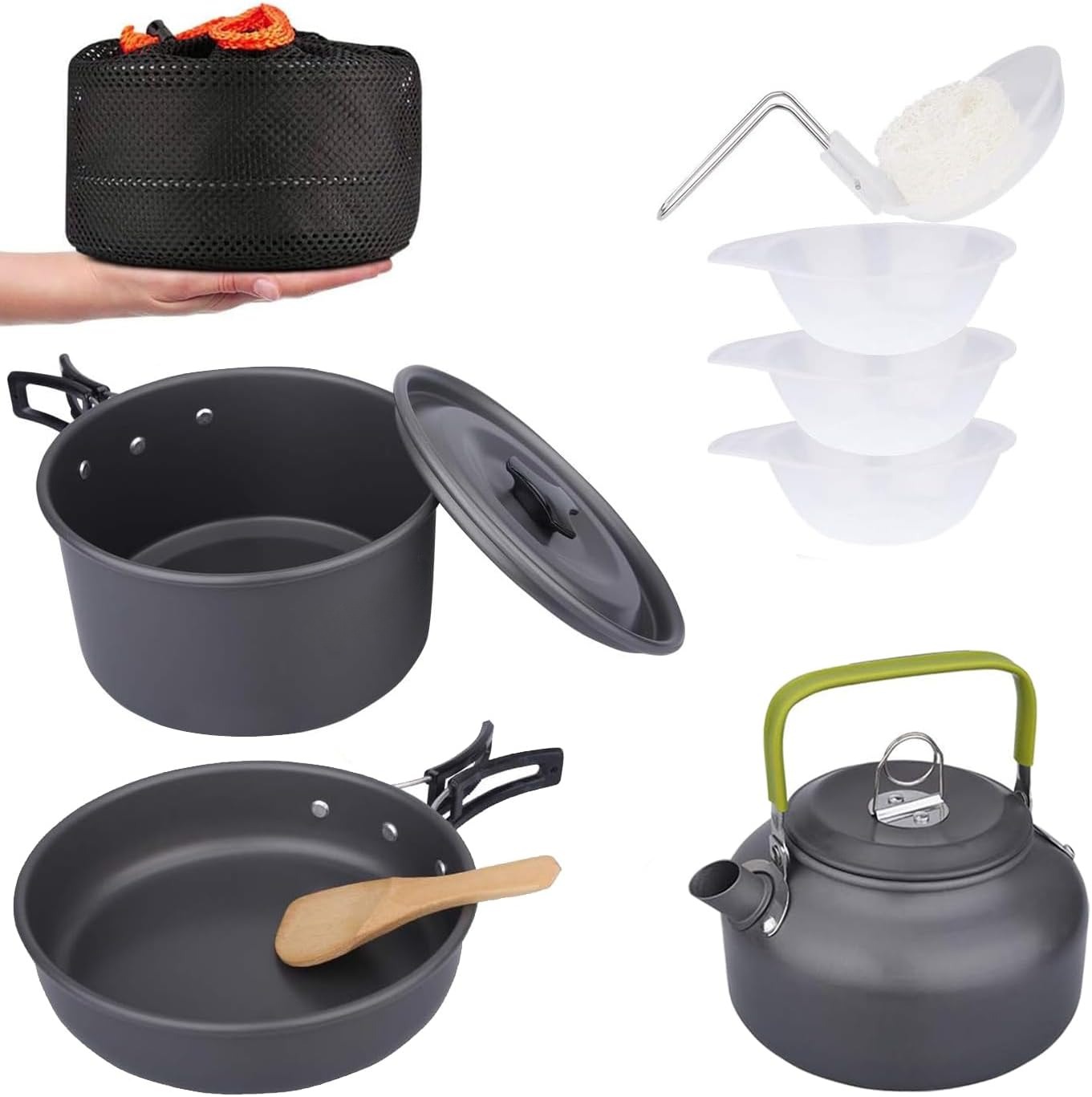 キャンプクッカー アウトドア9点セット 防災 登山用鍋 Bbq食器 ステレンス製 小型 軽量 収納袋付き 2-3人に適応