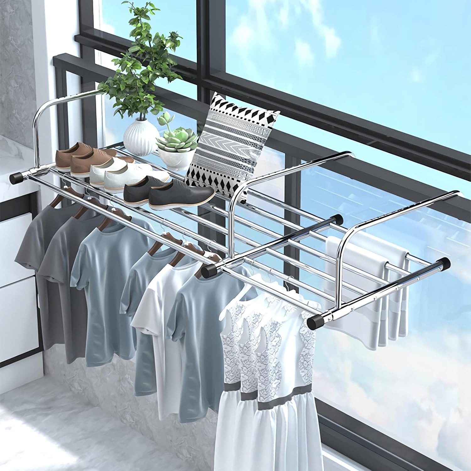 Rakuten - 物干し ステンレス ベランダ物干し 伸縮可能 78-140cm 引っ掛けタイプ 乾燥ラック 耐荷重25kg 組み立て不要 折りたたみ タオルハンガー 物干し台 省スペース 室内 屋外 花台 隙間収納 ラクラク干せる 梅雨対策